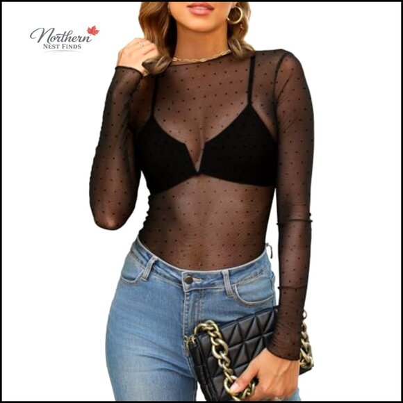 Mesh Sheer Long Sleeve Lace Top Mock Neck Layering Blouse - Picture 2 of 4